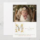 Dreamy Floral M Initial Gold Glitter Newborn Aankondiging (Voorkant / Achterkant)