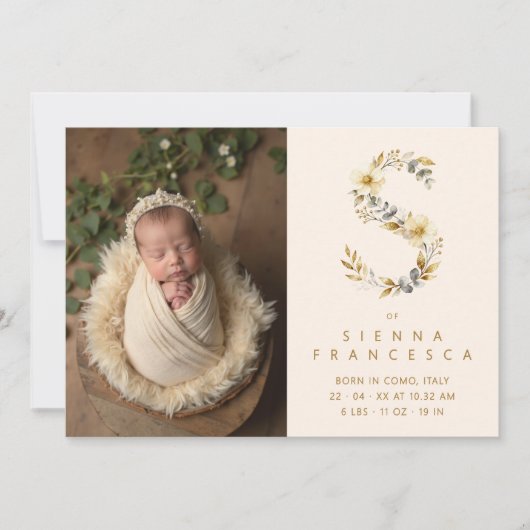 Dreamy Floral S Initial Gold Glitter Newborn Aankondiging (Voorkant)