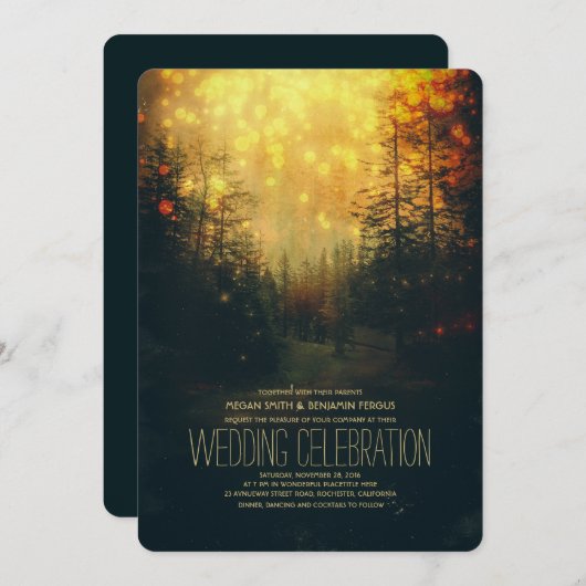 Dreamy Forest String Lights Trees Wedding Kaart (Voorkant / Achterkant)