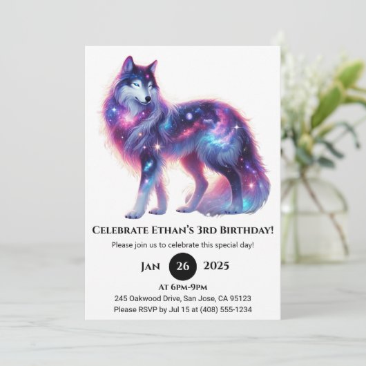 Dreamy Galaxy Wolf Birthday Kaart (Staand voorkant)