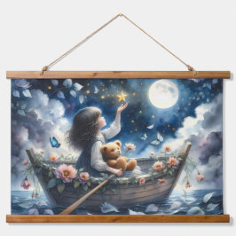 Dreamy Girl Rowing Boat Moonlit Fantasy Scene Hangend Wandkleed