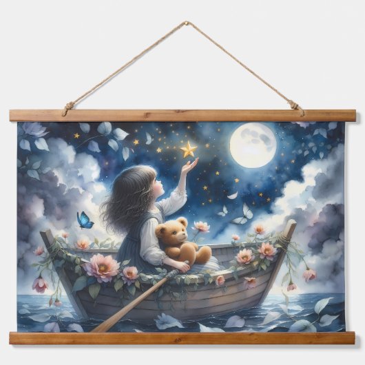 Dreamy Girl Rowing Boat Moonlit Fantasy Scene Hangend Wandkleed (Voorkant)