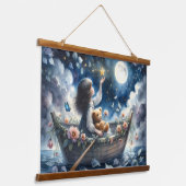 Dreamy Girl Rowing Boat Moonlit Fantasy Scene Hangend Wandkleed (Gebogen)