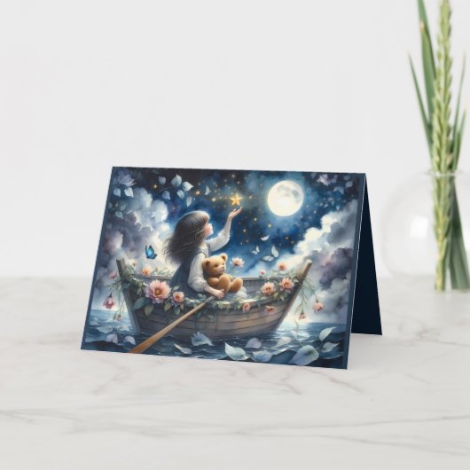 Dreamy Girl Rowing Boat Moonlit Fantasy Scene Kaart (Voorkant)
