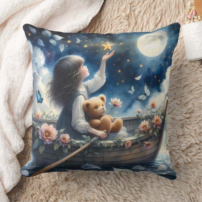 Dreamy Girl Rowing Boat Moonlit Fantasy Scene Kussen (Deken)