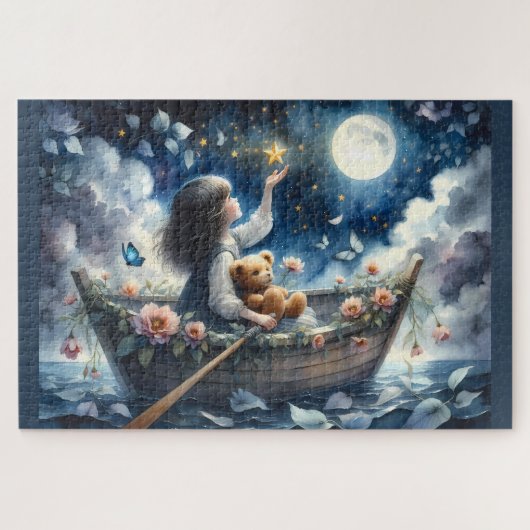 Dreamy Girl Rowing Boat Moonlit Fantasy Scene Legpuzzel (Horizontaal)