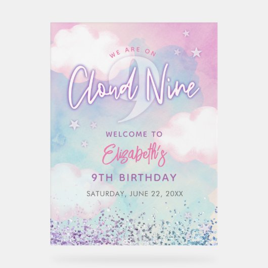 Dreamy Girly On Cloud Negen Verjaardag Welkom Acryl Bord (Voorkant)