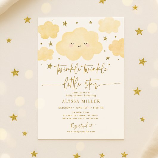 Dreamy Gold Twinkle Star Cloud Baby shower Kaart