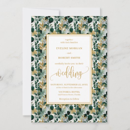 Dreamy Hunter Green Gold Greenery Wedding Uitnodig Kaart (Voorkant)