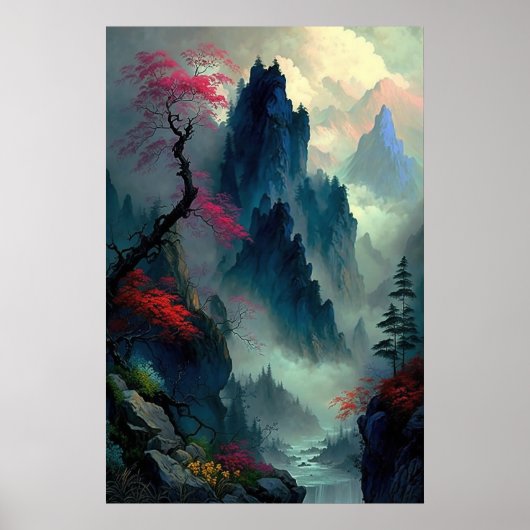 Dreamy Misty Mountain Landscape Poster (Voorkant)