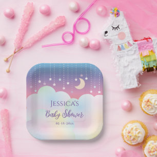 Dreamy Moon and Stars Genderneutraal Baby shower Papieren Bordje