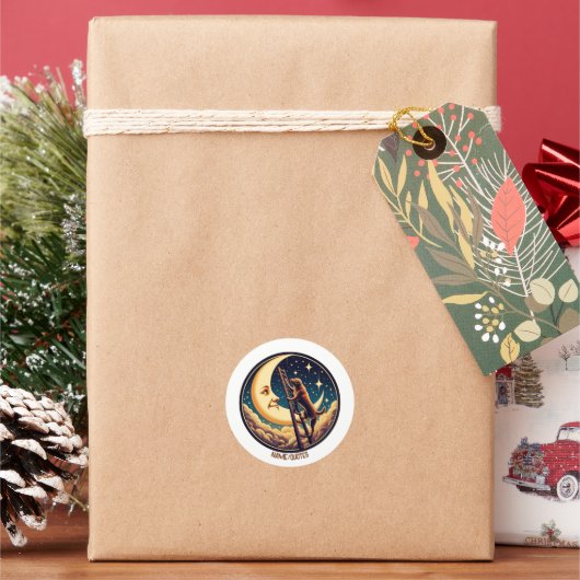 Dreamy Moon & Dog Climbing Ladder Ronde Sticker (Feestdagen)