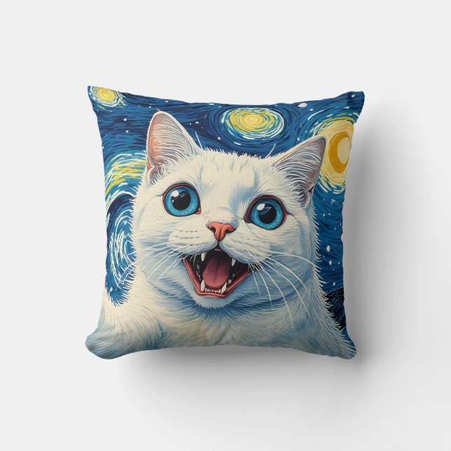 Dreamy Moonlight Starry Night White Cat Pillow Kussen (Voorkant)