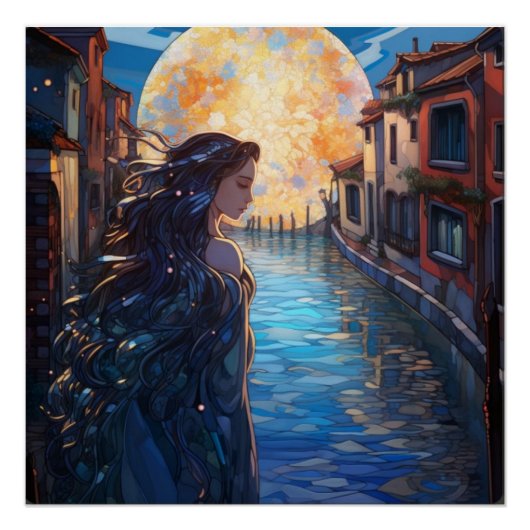 Dreamy Moonlit Canal – Glossy Art Poster (Voorkant)