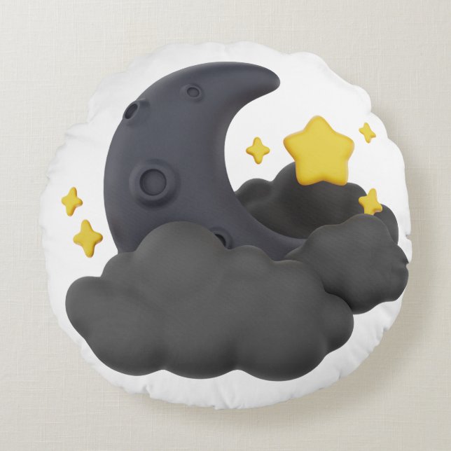 Dreamy Night Sky Pillow  Moon, Stars and Clouds  Rond Kussen (Voorkant)