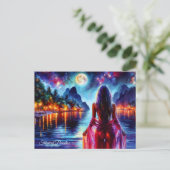 Dreamy ocean beach girl with moon and lights briefkaart (Staand voorkant)