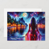 Dreamy ocean beach girl with moon and lights briefkaart (Voorkant / Achterkant)