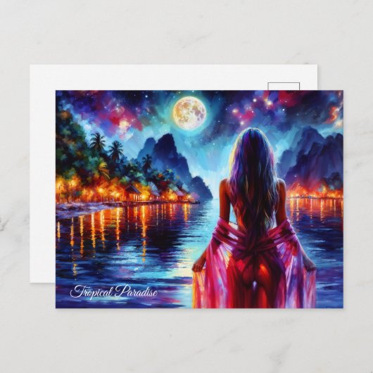 Dreamy ocean beach girl with moon and lights briefkaart (Voorkant / Achterkant)