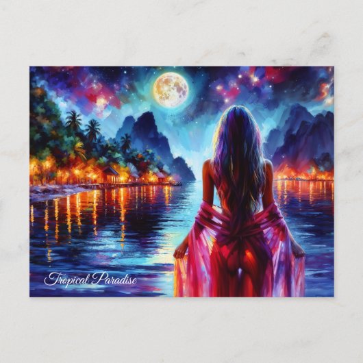 Dreamy ocean beach girl with moon and lights briefkaart (Voorkant)
