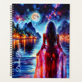Dreamy ocean beach girl with moon and lights planner
