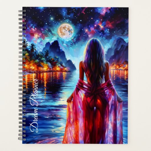 Dreamy ocean beach girl with moon and lights planner (Voorkant)