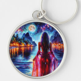 Dreamy ocean beach girl with moon and lights sleutelhanger