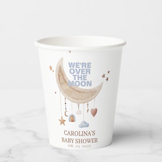 Dreamy Over the Moon blue baby shower Papieren Bekers (Voorkant)