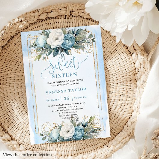 Dreamy Pastel Blue White Floral Sweet Sixteen 16 Kaart