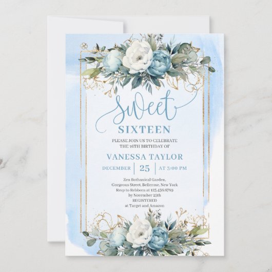 Dreamy Pastel Blue White Floral Sweet Sixteen 16 Kaart (Voorkant)