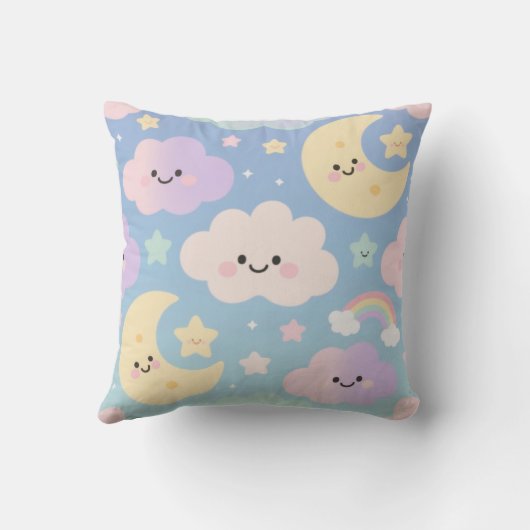 Dreamy Pastel Sky – Cute Cartoon Clouds & Moons Th Kussen (Achterkant)