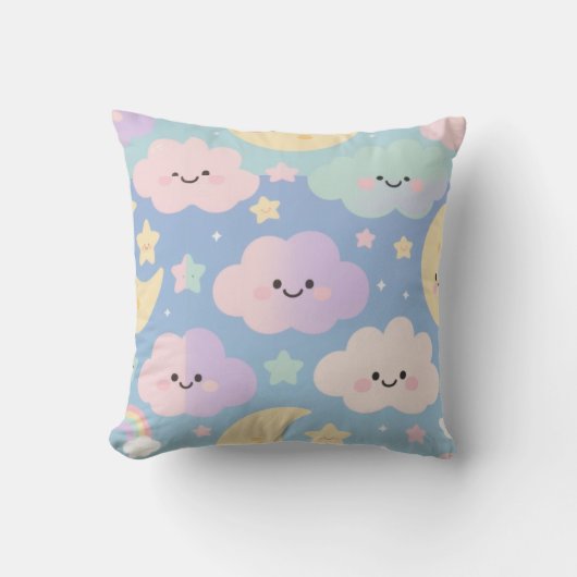 Dreamy Pastel Sky – Cute Cartoon Clouds & Moons Th Kussen (Voorkant)