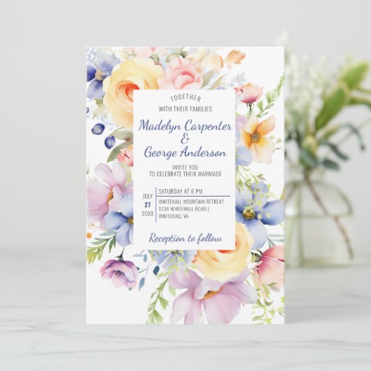Dreamy Pastel Waterverf Florals Bruiloft Kaart (Staand voorkant)