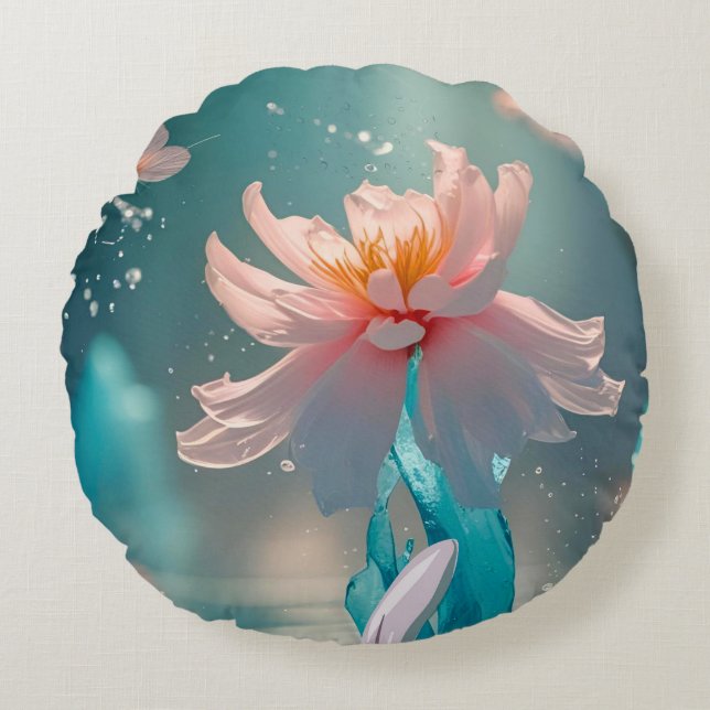 Dreamy Pink Lotus and Butterfly in Aqua Water Rond Kussen (Voorkant)