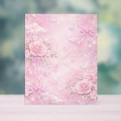 Dreamy Pink Rose Floral Pearls Bows Sparkle Pastel Acryl Bord (Neutraal)