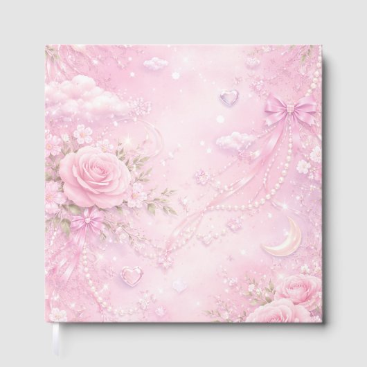Dreamy Pink Rose Floral Pearls Bows Sparkle Pastel Gastenboek (Voorkant)