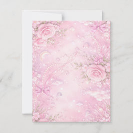 Dreamy Pink Rose Floral Pearls Bows Sparkle Pastel RSVP Kaartje