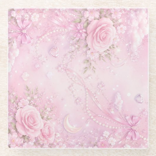 Dreamy Pink Rose Floral Pearls Bows Sparkles Glazen Onderzetter (Voorkant)