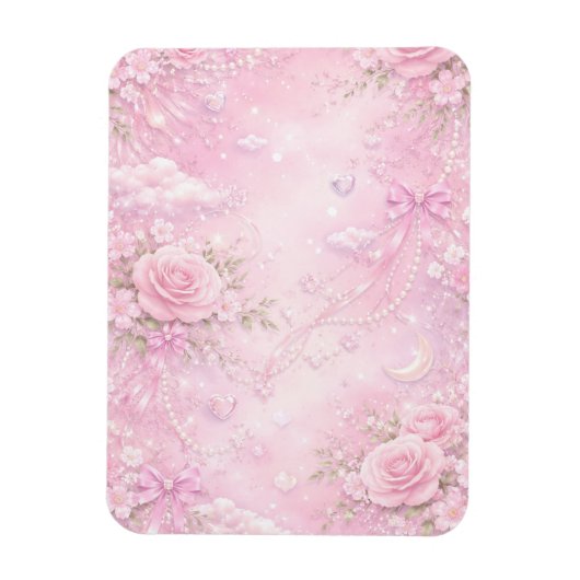 Dreamy Pink Rose Floral Pearls Bows Sparkles Magneet (Verticaal)