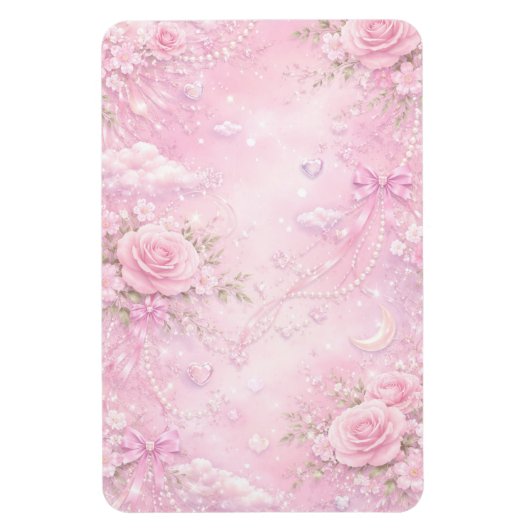 Dreamy Pink Rose Floral Pearls Bows Sparkles Magneet (Verticaal)