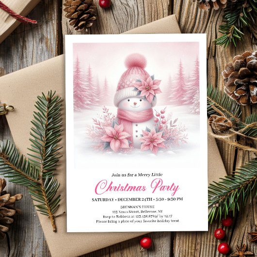 Dreamy Pink Snowman Digital Christmas Invite  Kaart