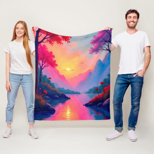 Dreamy River Sunset Serene Fantasy Mountains Fleece Deken (In situ)