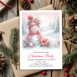 Dreamy Snowy Forest Pink Snowman Christmas Invite Kaart