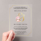 Dreamy Soft Pink Floral Gold Wedding Acryl Uitnodigingen (Insitu (Draagbaar))