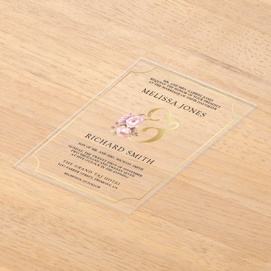 Dreamy Soft Pink Floral Gold Wedding Acryl Uitnodigingen (Laagn)