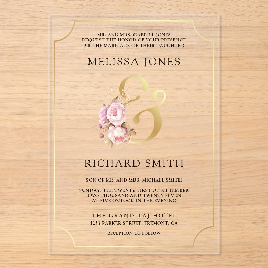 Dreamy Soft Pink Floral Gold Wedding Acryl Uitnodigingen (Voorkant)