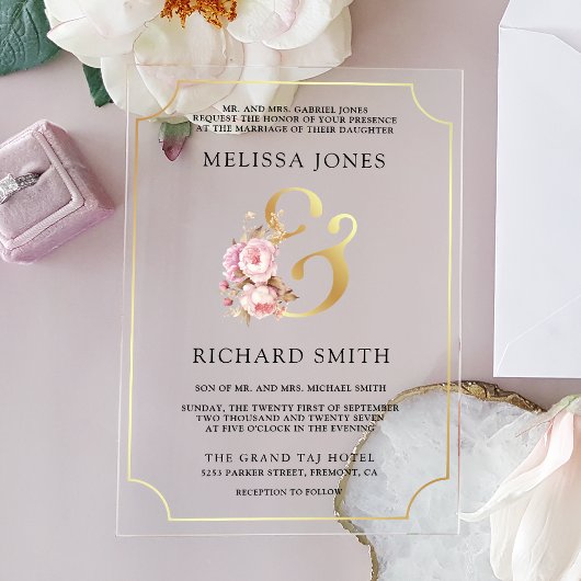 Dreamy Soft Pink Floral Gold Wedding Acryl Uitnodigingen