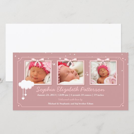 Dreamy Stars Drie Foto Baby Geboorteaankondiging Aankondiging (Voorkant / Achterkant)