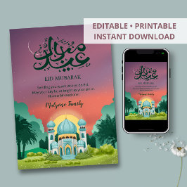 Dreamy Sunset Mosque and Crescent Moon Eid Card Feestdagenkaart