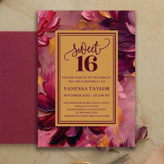 Dreamy Sweet 16 Burgundy Blush Boho Invitation Kaart