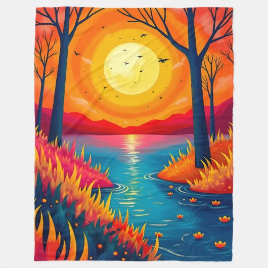 Dreamy Vibrant Sunset Lake Forest Illustration Fleece Deken (Voorkant)